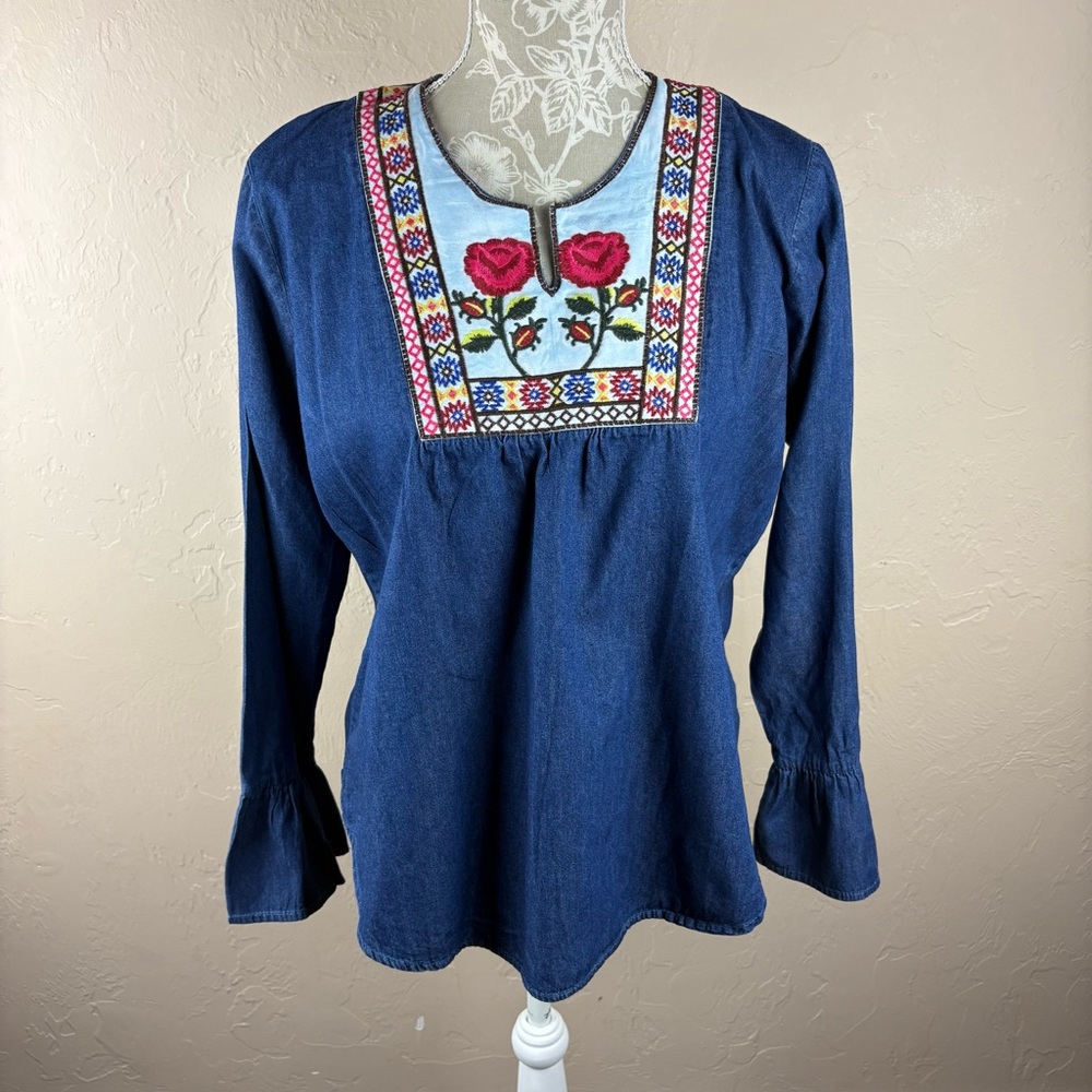 Vintage Cache Denim Embroidered Floral Boho Hippie Blouse Women’s Size Medium